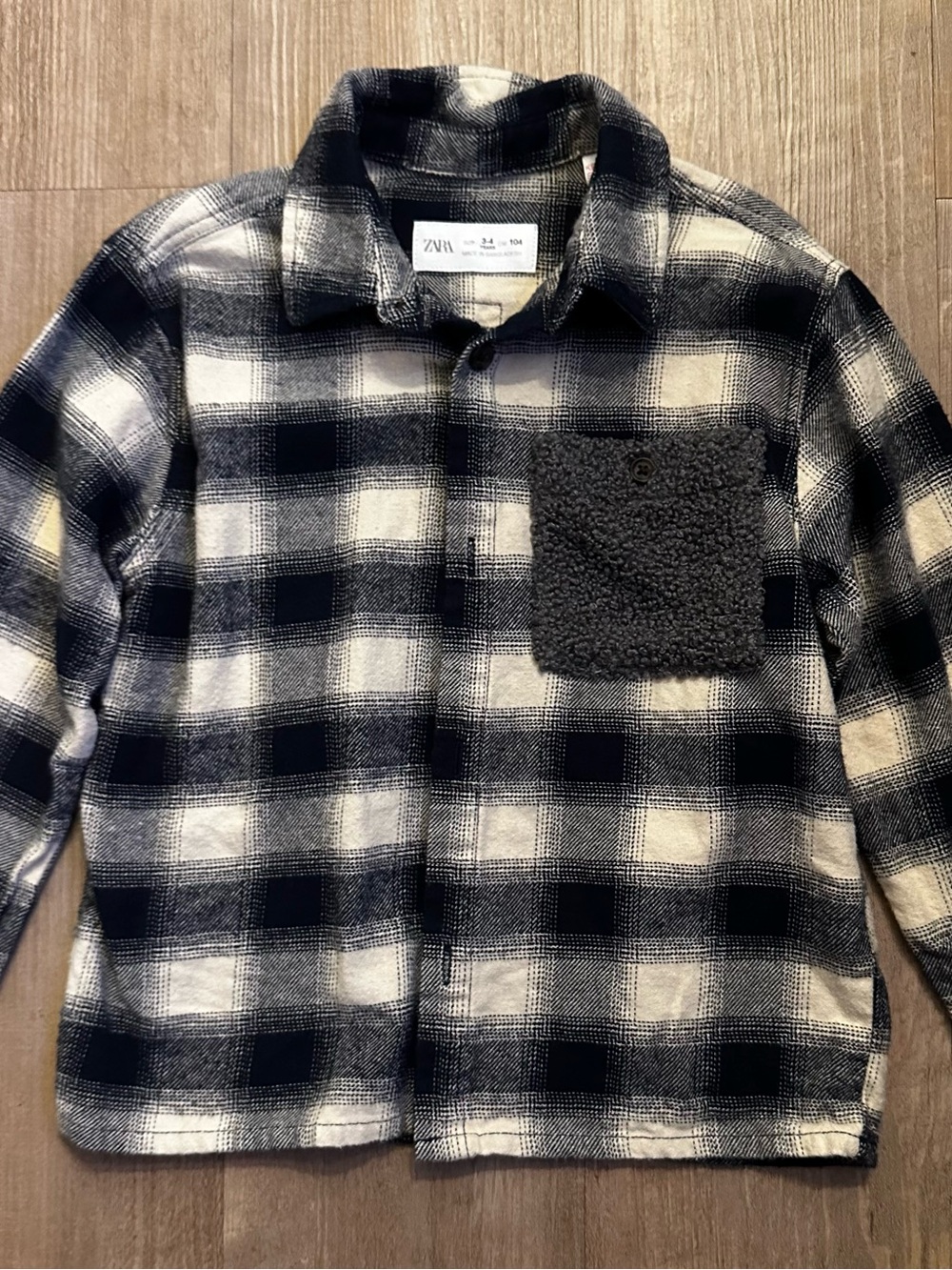 Zara Black & White Plaid Sherpa Pocket Shirt Jacket